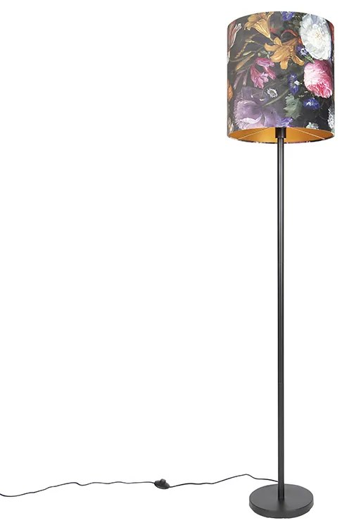 Candeeiro de pé romântico preto com cúpula floral 40 cm - Simplo Clássico / Antigo