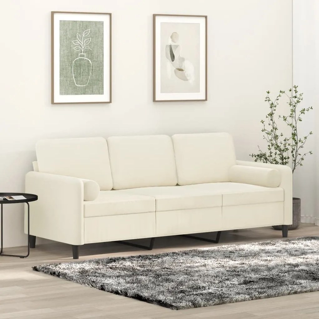 Sofá 3 lugares c/ almofadas decorativas 180 cm veludo creme