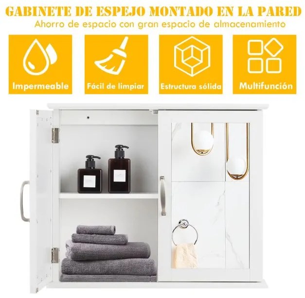 Armário de casa de banho em madeira com espelho de parede com duas portas 60 x 14,5 x 50 cm branco