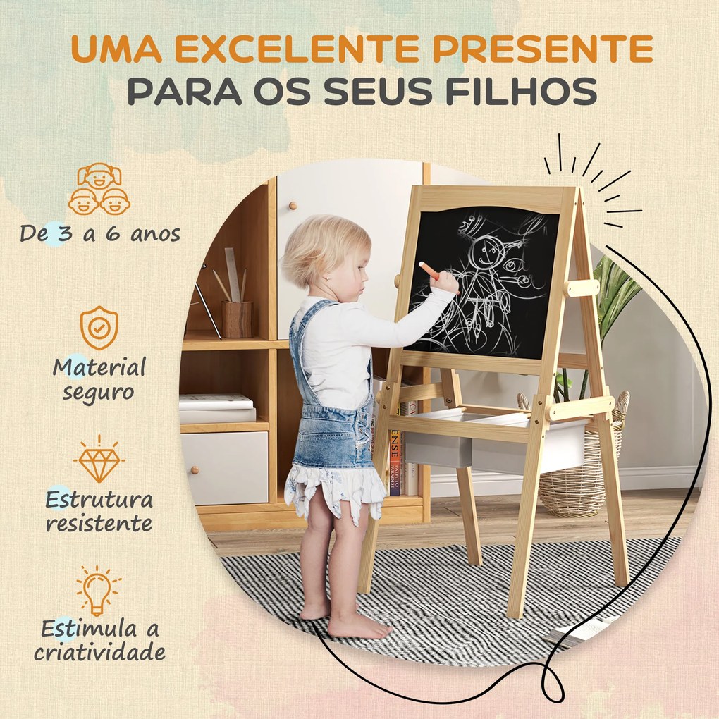 Cavalete para Crianças 3 em 1 com Quadro preto e Quadro Branco para Desenhos com Rolo de Papel 58x50,5x109 cm Madeira