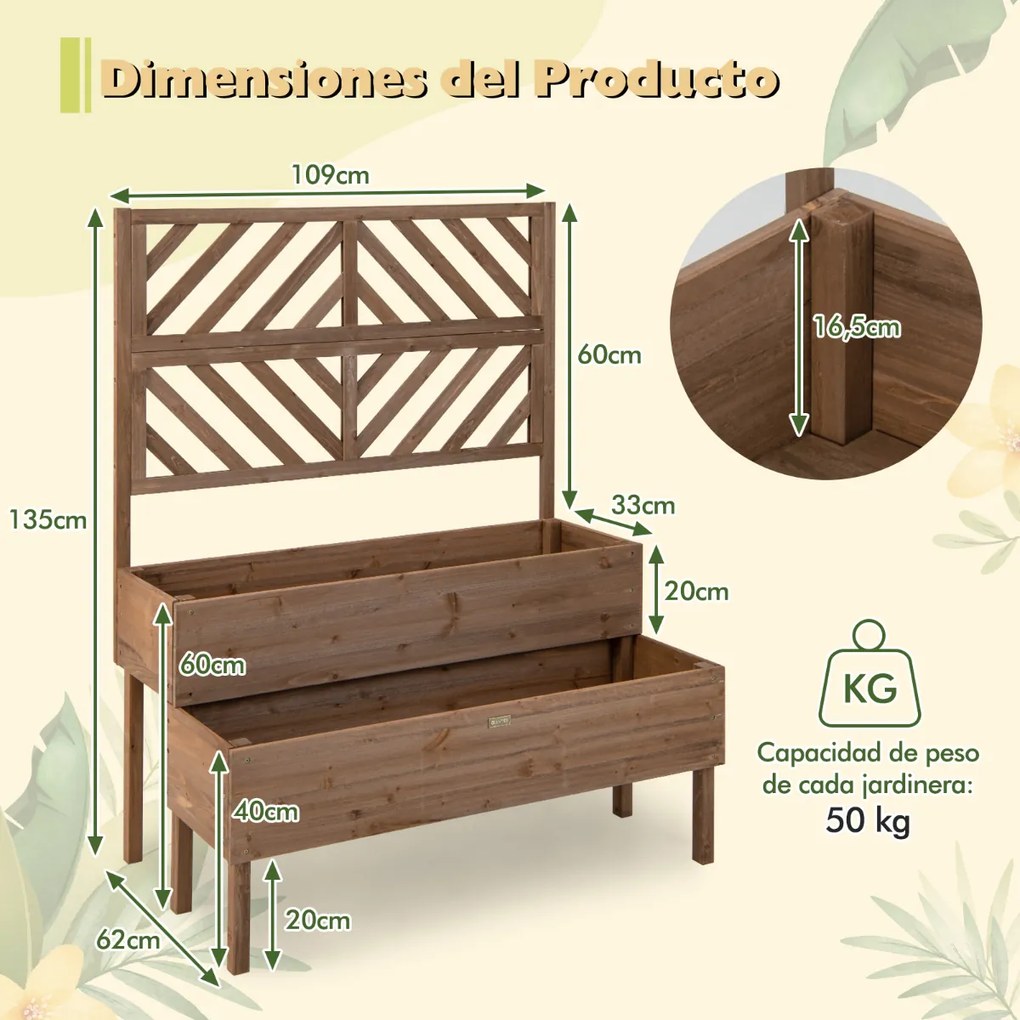 Floreira de jardim de 2 níveis com treliça e pernas 109 x 62 x 135 cm Castanho