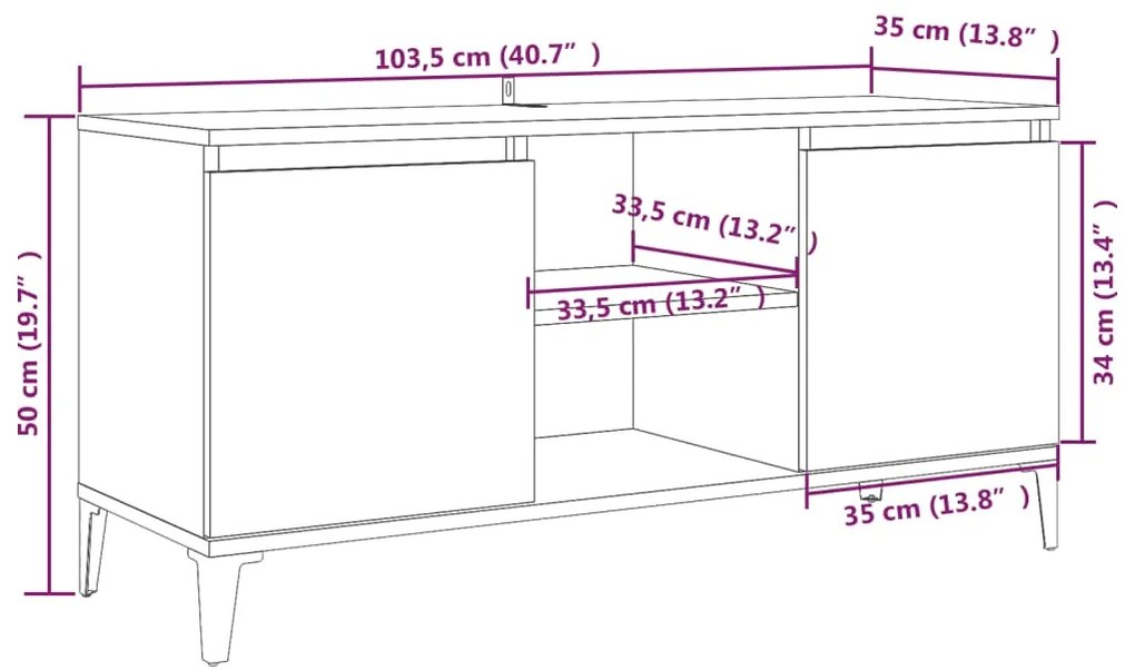 Móvel de TV com pernas em metal 103,5x35x50 cm sonoma cinzento