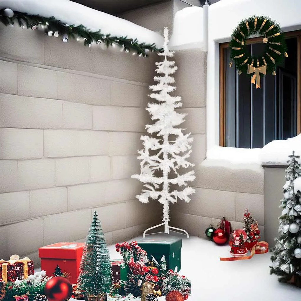 Meia árvore de Natal fina com suporte 210 cm branco