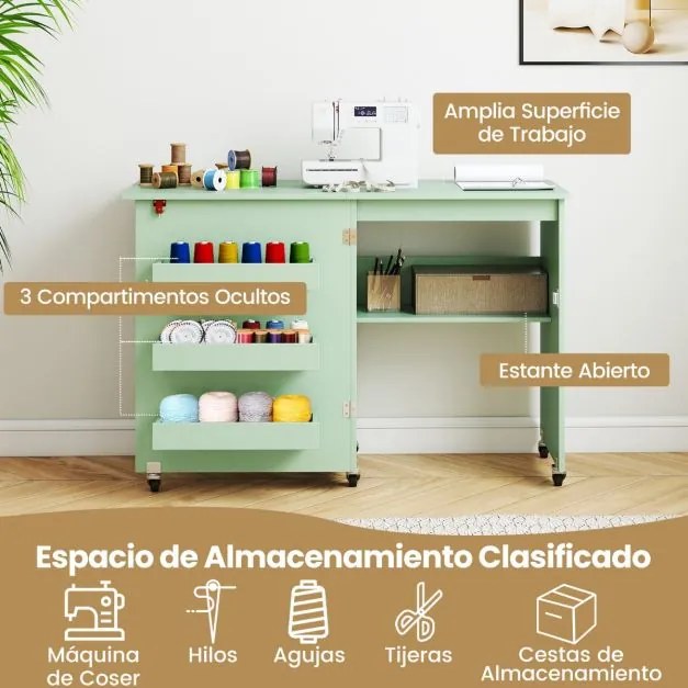 Mesa de costura dobrável 118,5 x 40 x 79,5 cm com estante e 3 compartimentos ocultos com rodas bloqueáveis Verde claro