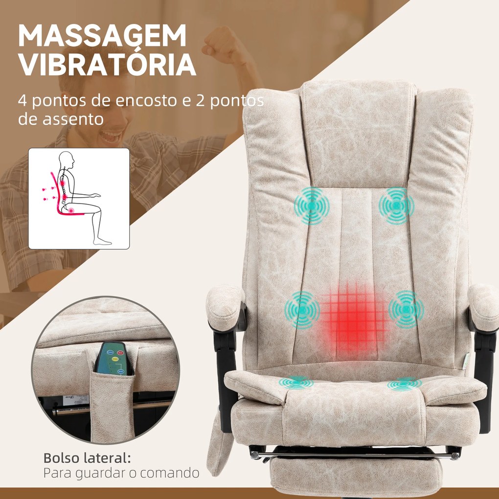 Cadeira de Escritório com 6 Pontos de Massagem Ajustáveis ​​com Função de Aquecimento Apoio para os Pés Retrátil Creme