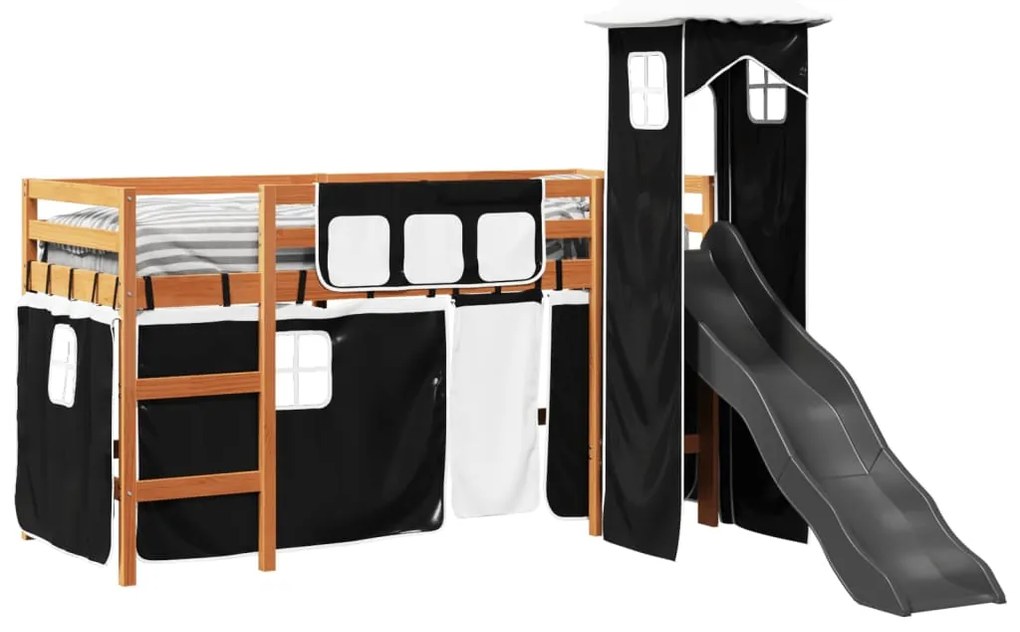 Cama alta criança c/ torre 90x200 cm pinho maciço branco/preto