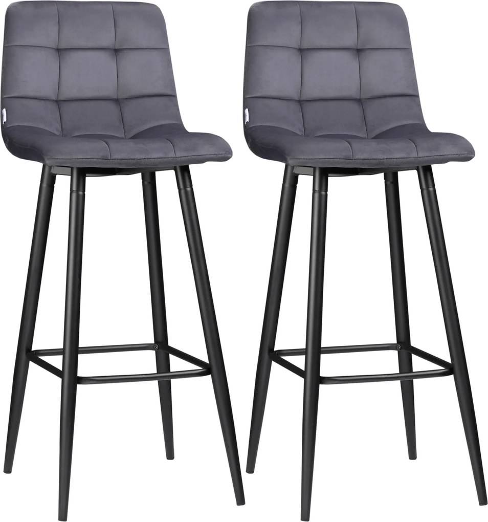 Conjunto de 2 Bancos Altos de Cozinha Bancos de Bar Estofados em Veludo com Apoio para os Pés e Encosto Cinzento