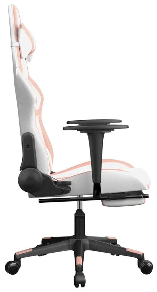 Cadeira gaming massagens c/ apoio pés couro artif. branco/rosa