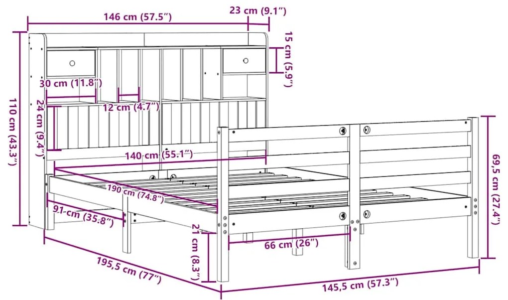 Cama com estante sem colchão 140x190 cm pinho maciço