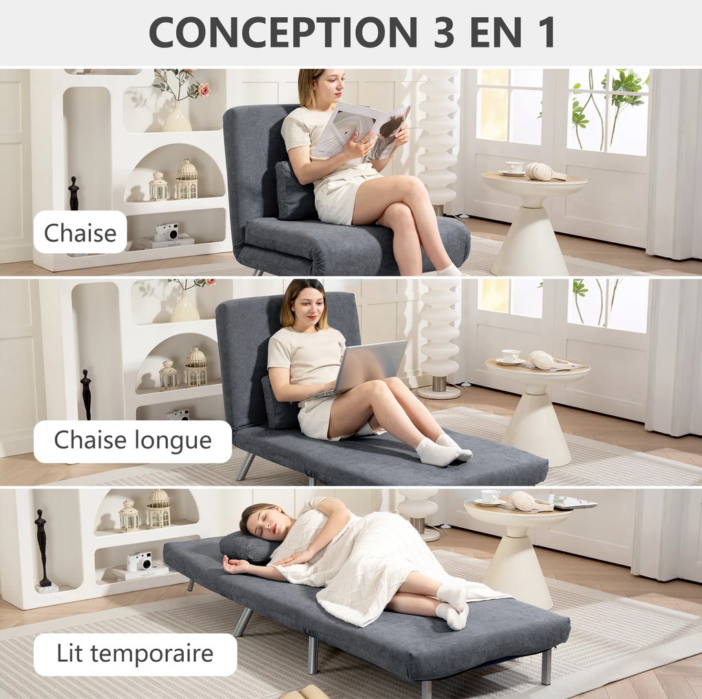 Poltrona convertível de 1 lugar, poltrona-cama clic-clac 3 em 1 com encosto ajustável, almofada, assento largo, cinzento escuro