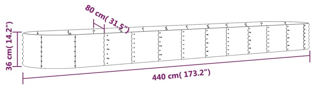 Canteiro elevado jardim 440x80x36cm aço revestido a pó prateado