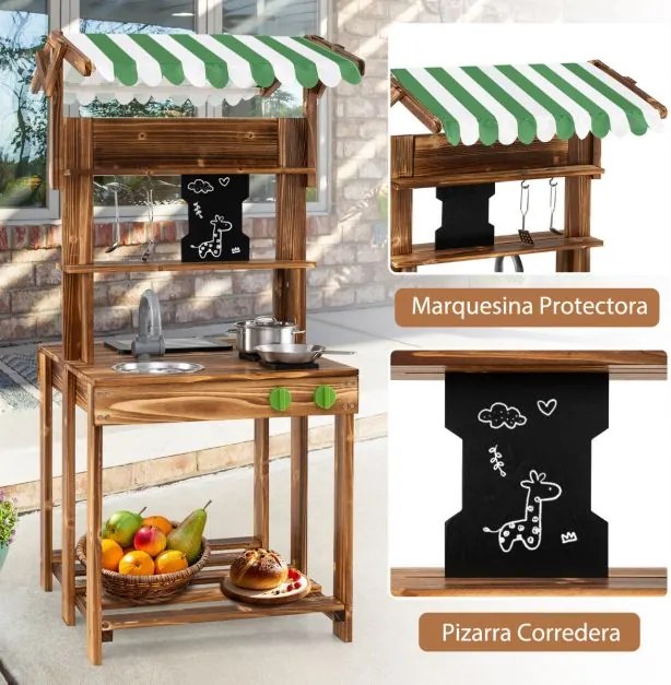 Cozinha de brincar de dupla face com churrasqueira de madeira com toldo, pia e torneira Fogão para brincar ao ar livre com acessórios Castanho