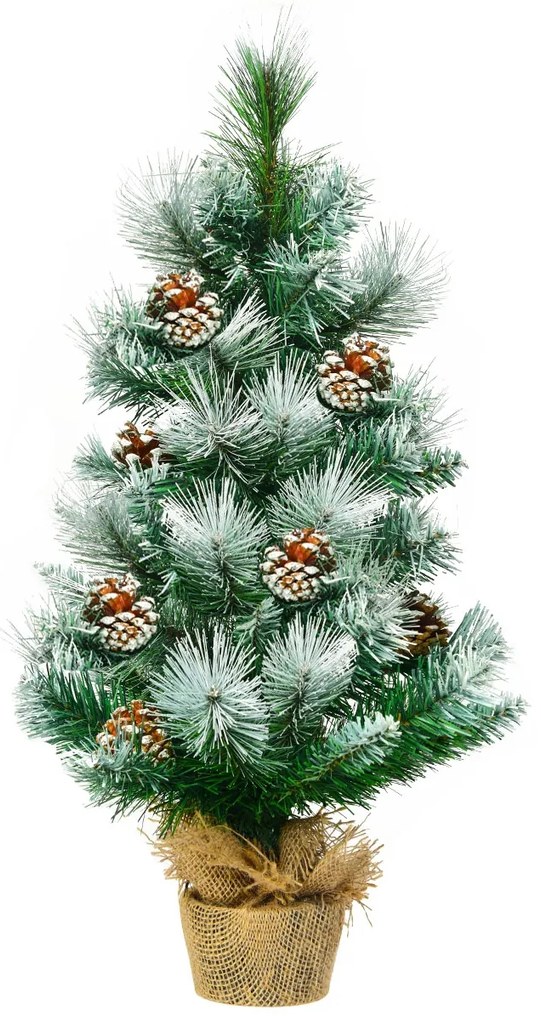Árvore de Natal 60 cm efeito neve com pinhas decorativas, base estável em cimento e linho, decoração para interiores e secretárias Verde