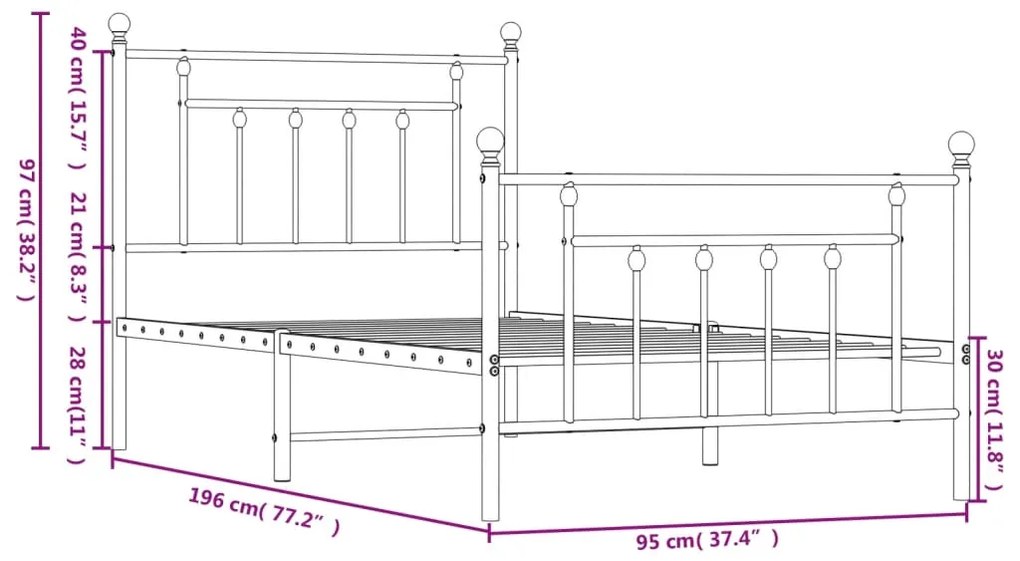 Estrutura de cama com cabeceira e pés 90x190 cm metal branco