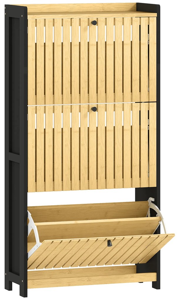 HOMCOM Móvel de Sapatos 18 Pares com 3 Gavetas Basculantes Portas em Bambu com Ripas 60x24x118 cm Preto e Madeira Natural | Aosom Portugal