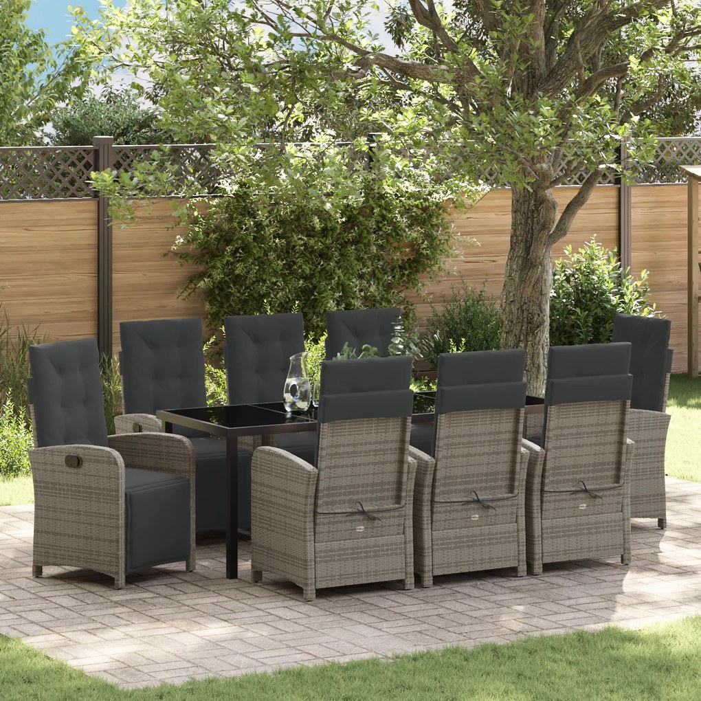 Conjunto de Jantar de Jardim vidaXL 9 Peças com Almofadas Cinza Rattan Sintético