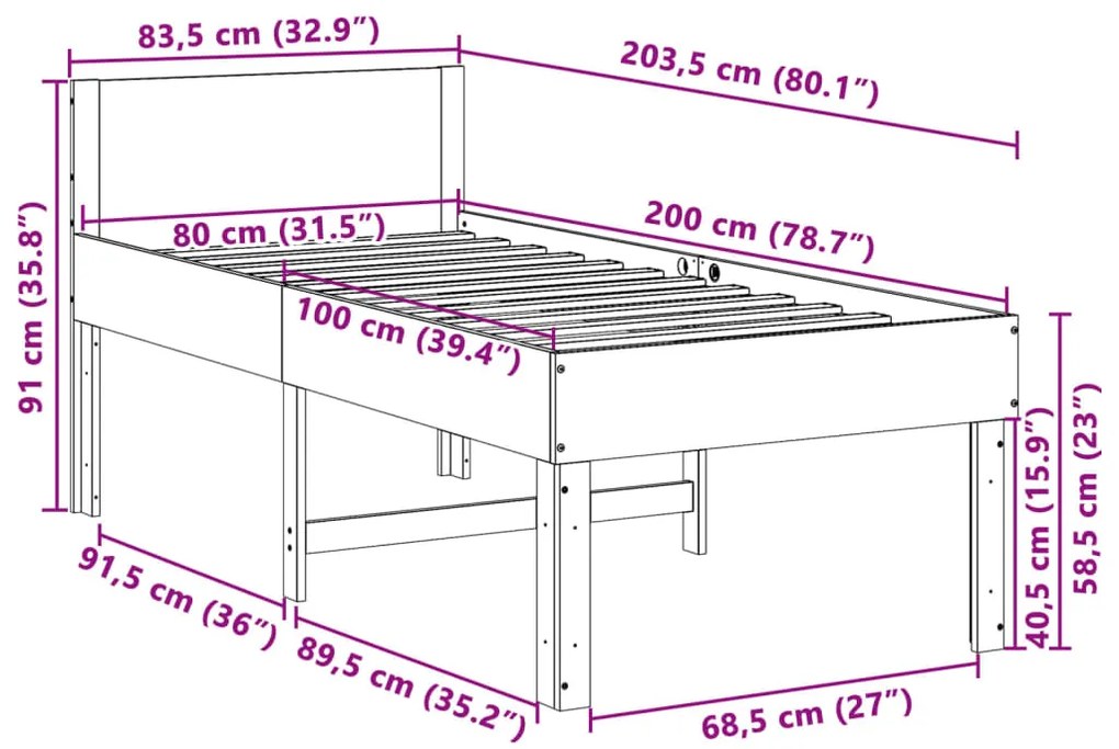 Cama sem colchão 80x200 cm pinho maciço castanho-mel