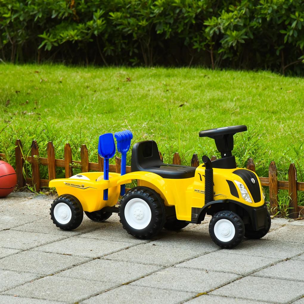 HOMCOM Trator para Crianças de 12-36 Meses com Reboque Removível Carro Andador com Buzina Farol Pá e Ancinho Carga 25kg 91x29x44cm Amarelo