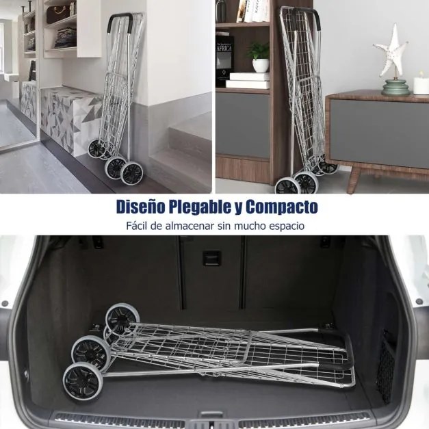 Carrinho de compras grande, leve e dobrável com rodas giratórias Capacidade para 45 kg 57 x 58 x 91cm Prateado