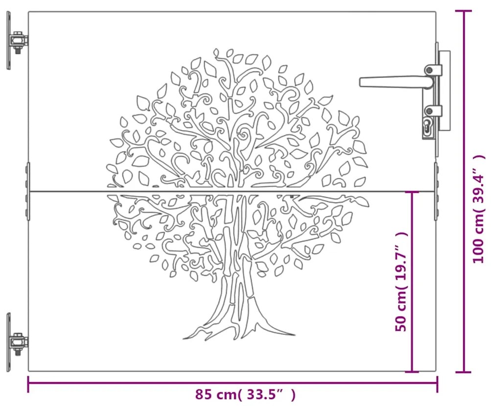 Portão de jardim 85x100 cm aço corten design árvore