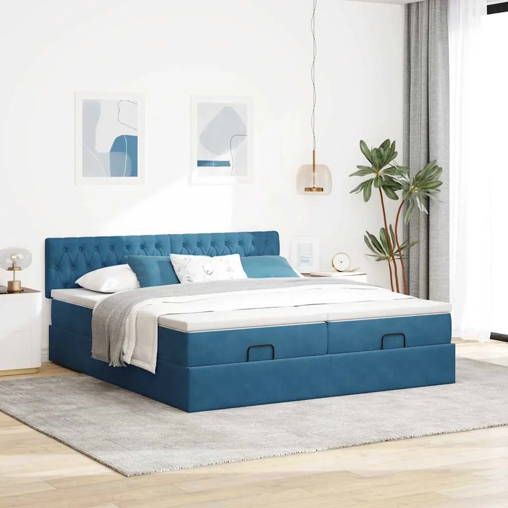 Estrutura cama otomana colchões 180x200 cm veludo azul escuro