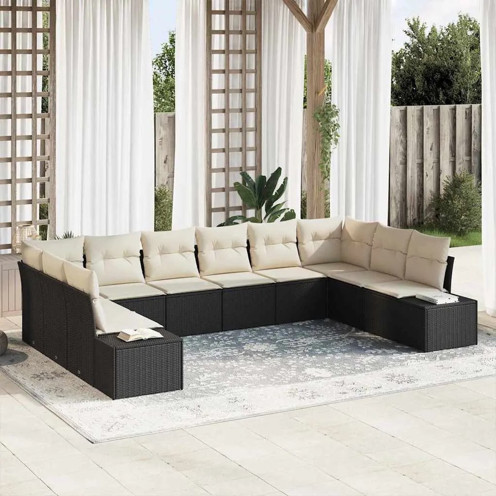 vidaXL Conjunto de Sofá de Jardim 10 pcs Preto e Creme Polirattan