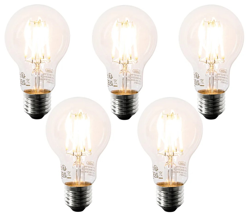 Conjunto de 5 Lâmpadas LED E27 A60 Transparentes 6W 630 lm 2200K