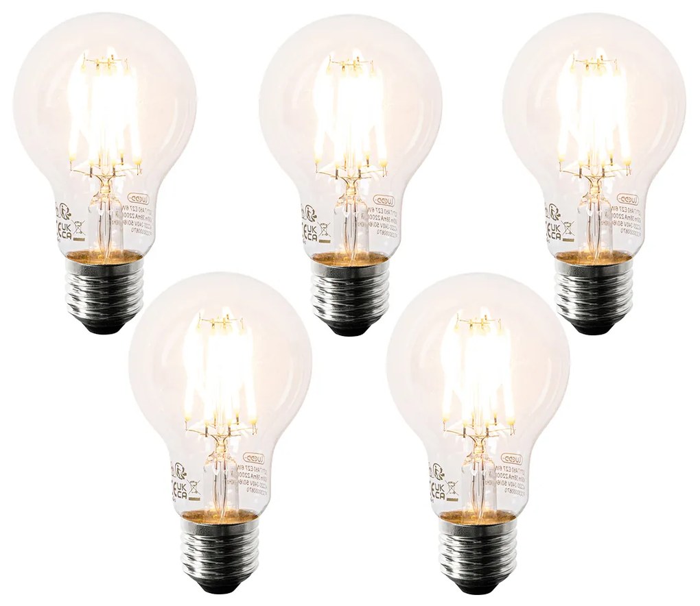 Conjunto de 5 Lâmpadas LED E27 A60 Transparentes 6W 630lm 2200K