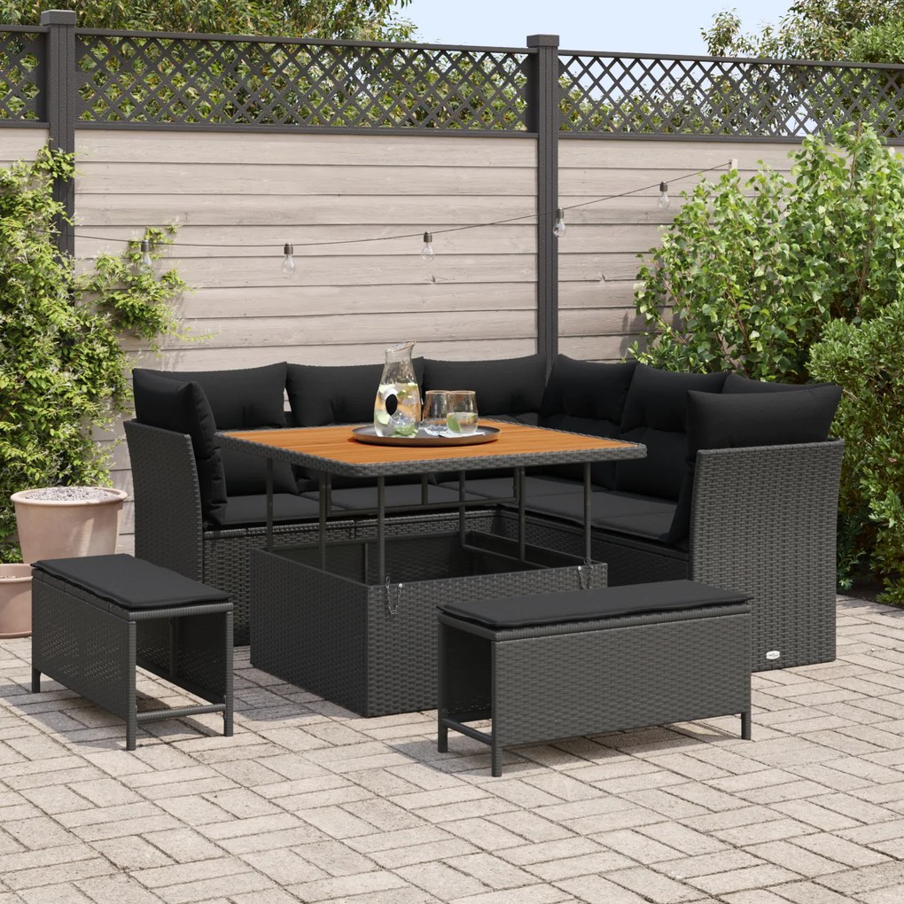 Conjunto de Sofá de Jardim de 8 Peças com Almofadas Vime PE Preto Acác