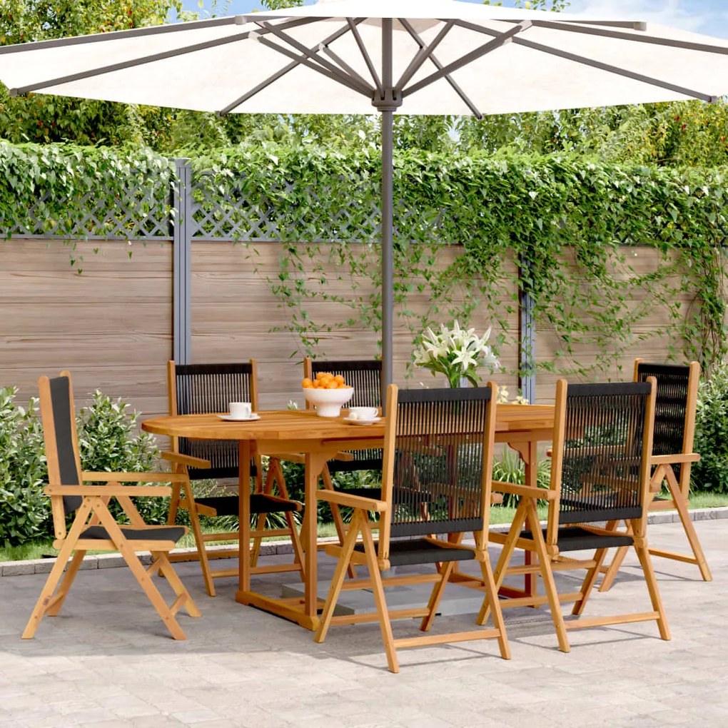 vidaXL 7 pcs conj. jantar p/ jardim polipropileno/madeira maciça preto