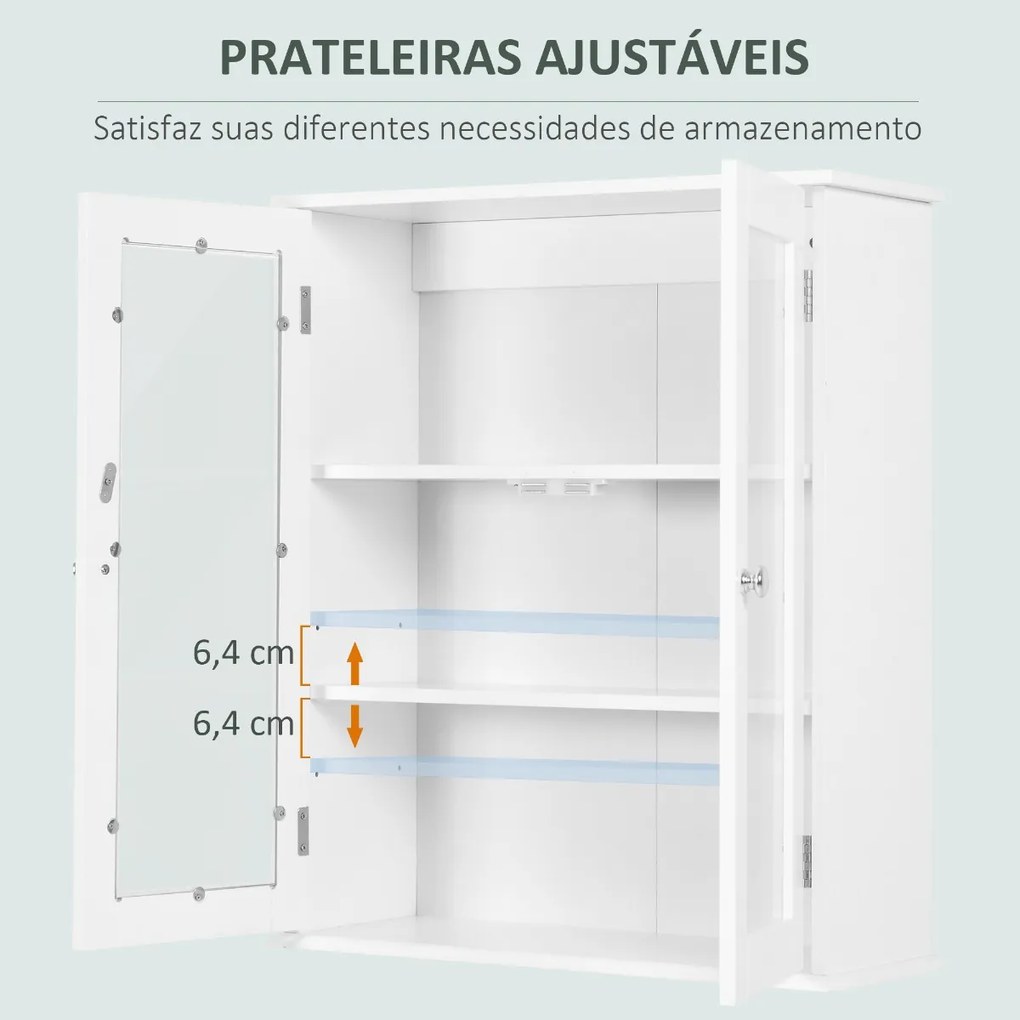 Kleanklin Armário Casa de Banho de Parede com 2 Portas de Cristal Armário Suspenso com Prateleiras Ajustáveis em Altura Multiuso para Cozinhas Sala de