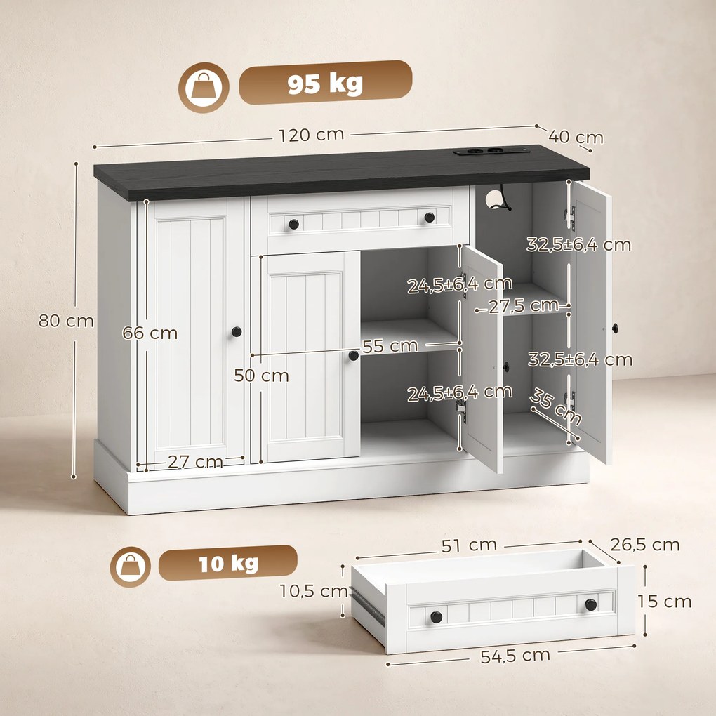 Aparador de Sala com Estação de Carregamento, 120 x 40 x 80 cm, Arrumação Regulável, Branco