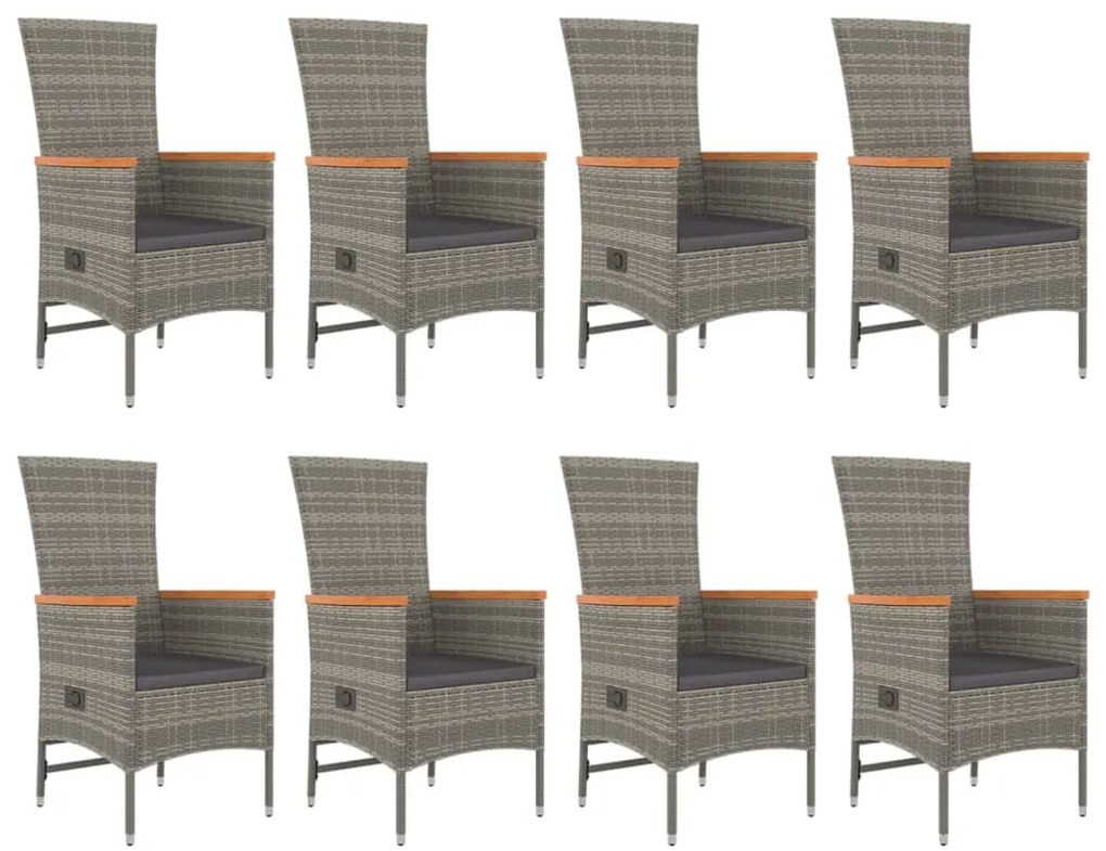 9 pcs conjunto de jantar p/ jardim c/ almofadões vime PE cinza