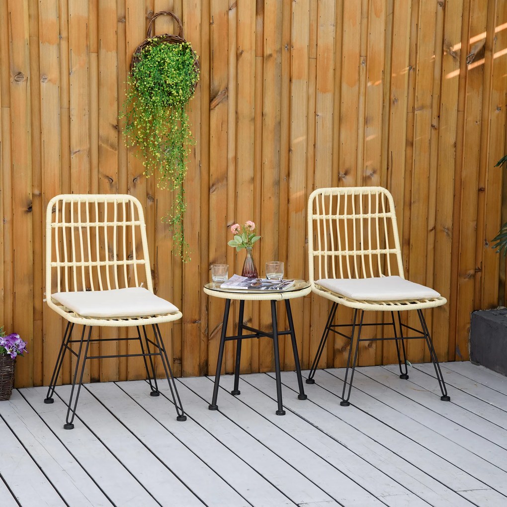 Conjunto de bistrô de jardim de 3 peças: 2 cadeiras + mesa de centro redonda em vidro temperado, 2 almofadas com fecho de correr e capa removível em p