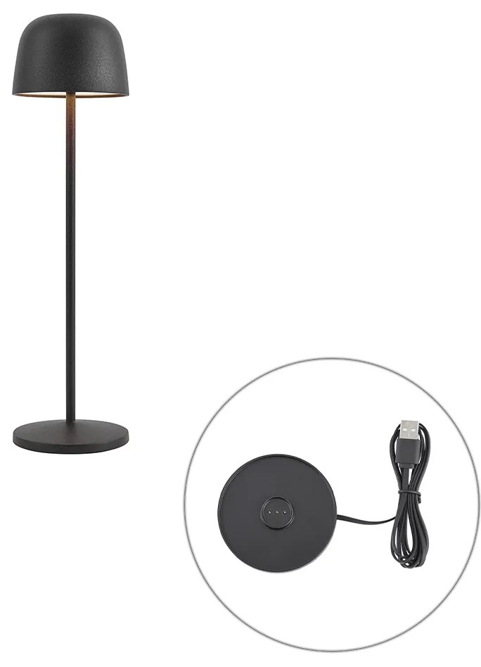 Candeeiro de mesa preto com LED recarregável com estação de carregamento IP65 - Raika