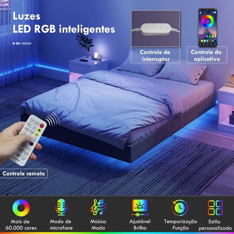 Cama 140x200 cm (COLCHÃO NÃO INCLUIDO) com Luzes LED Estofada em Linho Ripas de Madeira Silenciosa Fácil de Montar Cinzento