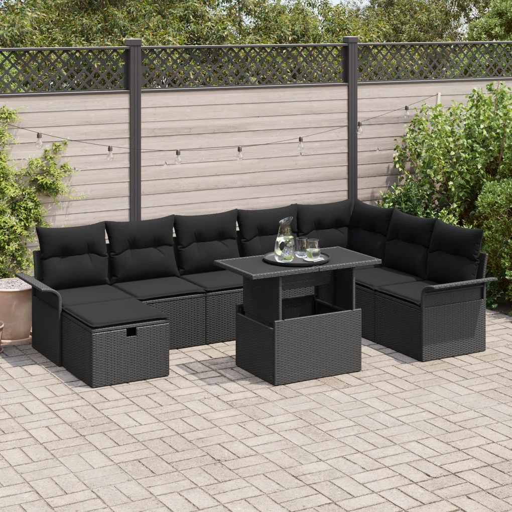 Conjunto de Sofá de Jardim de 9 Peças com Almofadas Preto Vime PE