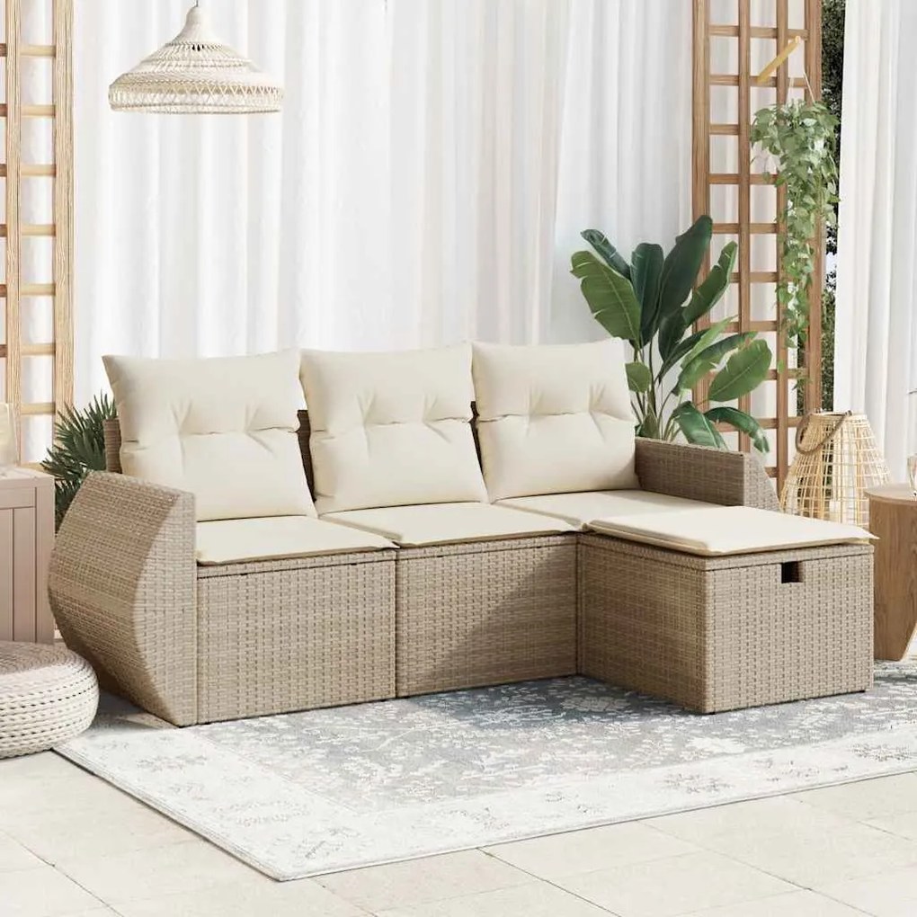 4 pcs conjunto de sofás para jardim c/ almofadões vime PE bege