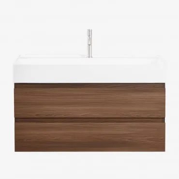 Conjunto De Móvel De Casa De Banho Suspenso Em Madeira E Folha De Freixo Com Lavatório Integrado Ona Madeira Escura & Sem Espelho & - Sklum