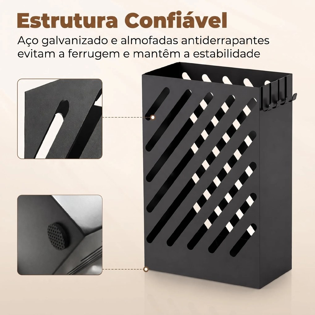 Suporte para Guarda-Chuvas em Aço Galvanizado, Estreito, com Tabuleiro Recolhe-Gotas Amovível, 4 Ganchos, 28x14x41 cm, Preto
