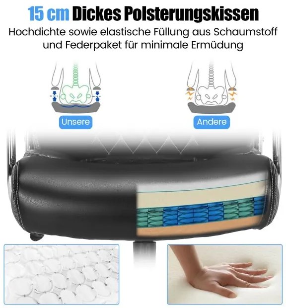 Cadeira de escritório ergonómica com capacidade de carga até 225 kg, com função de balanço, ajustável em altura, para pessoas grandes Preto