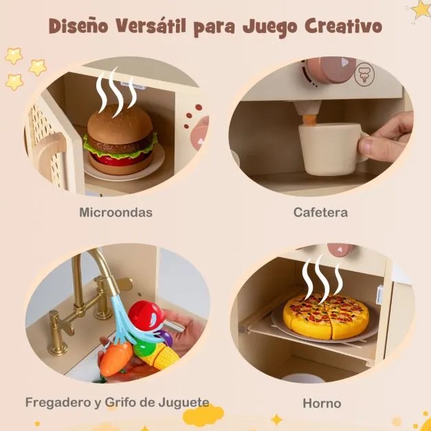 Cozinha de brincar em madeira 60 x 30 x 91 cm para crianças com luzes, sons, fogão, máquina de gelo, cafeteira, lava-loiça e portas em rattan – a part
