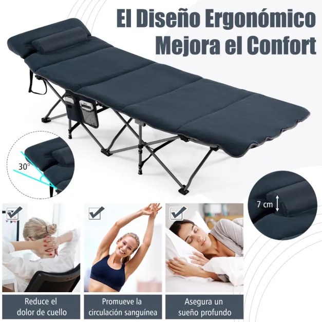 Cama de campismo de viagem dobrável com colchão e almofada amovíveis Capacidade de carga de 150 kg Espreguiçadeira portátil para adultos 185 x 65 x 41