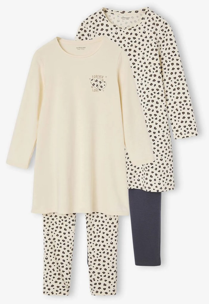 Conjunto de 2 Camisas de Dormir + Leggings com Estampado  Leopardo para Menina. cru