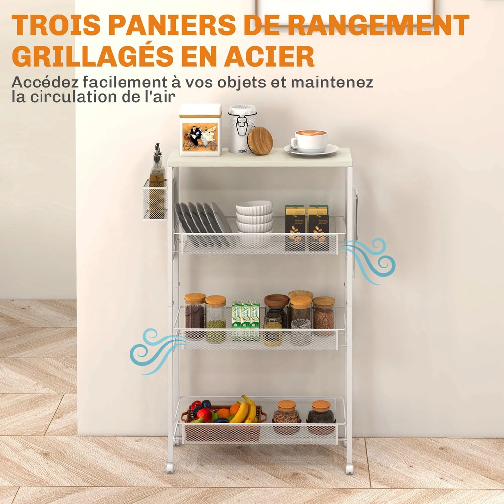 Carro de cozinha com rodas, carrinho de arrumação com 3 cestos, 1 cesto suspenso e ganchos, 58 x 18,5 x 87 cm, branco
