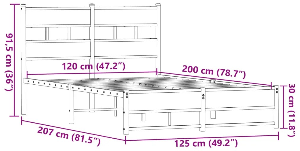 Estrutura de cama sem colchão 120x200cm metal carvalho castanho