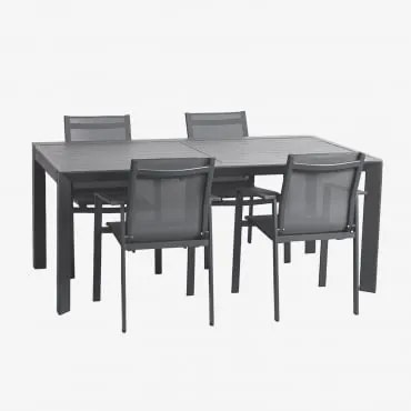 Conjunto De Mesa Extensível Retangular Starmi, 180-240x100 Cm, Feito De Alumínio E 4 Cadeiras De Jardim Eika. Cinza Grafito - Sklum