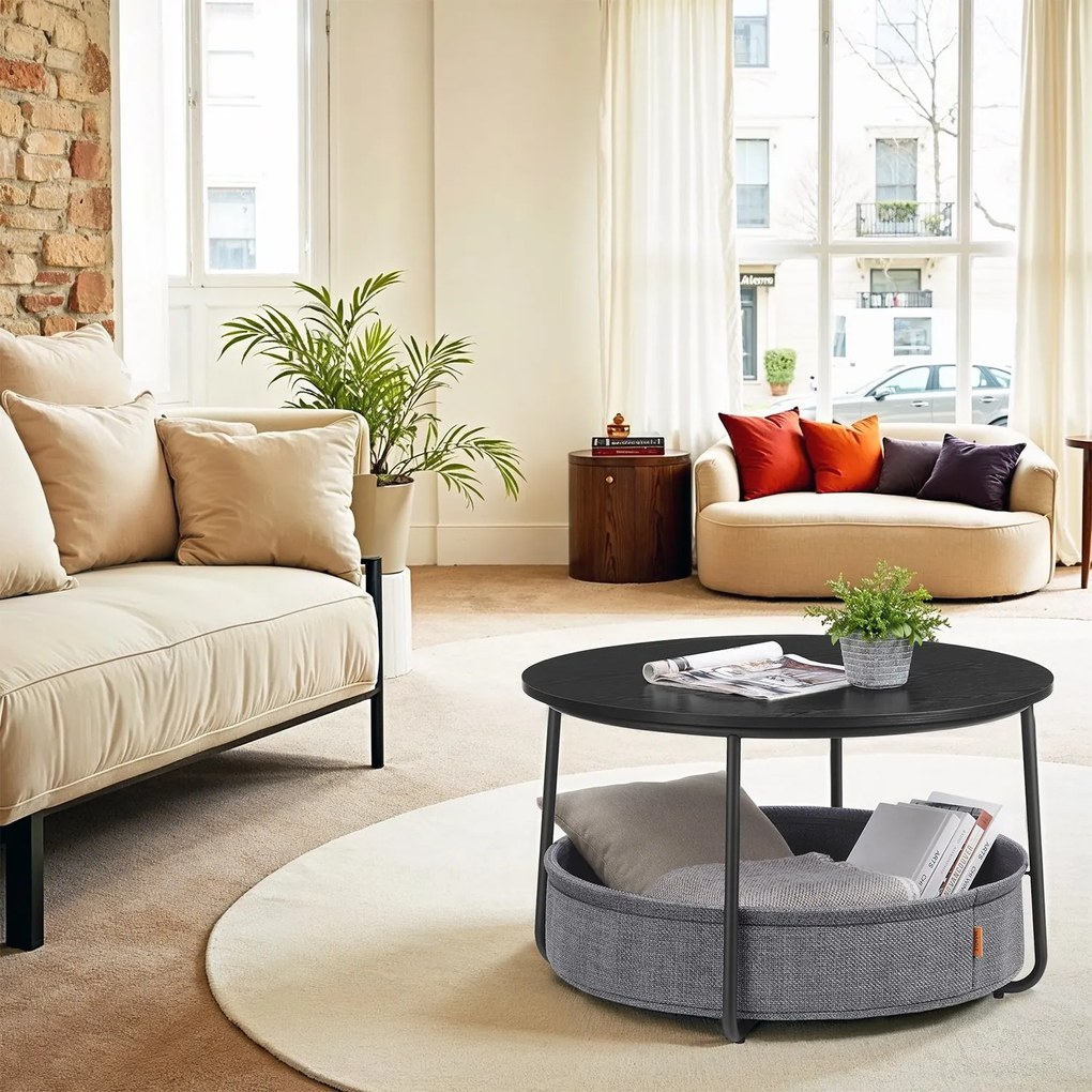 Mesa de centro 75 cm de diâmetro com cesto em tecido Preto-cinza ardósia