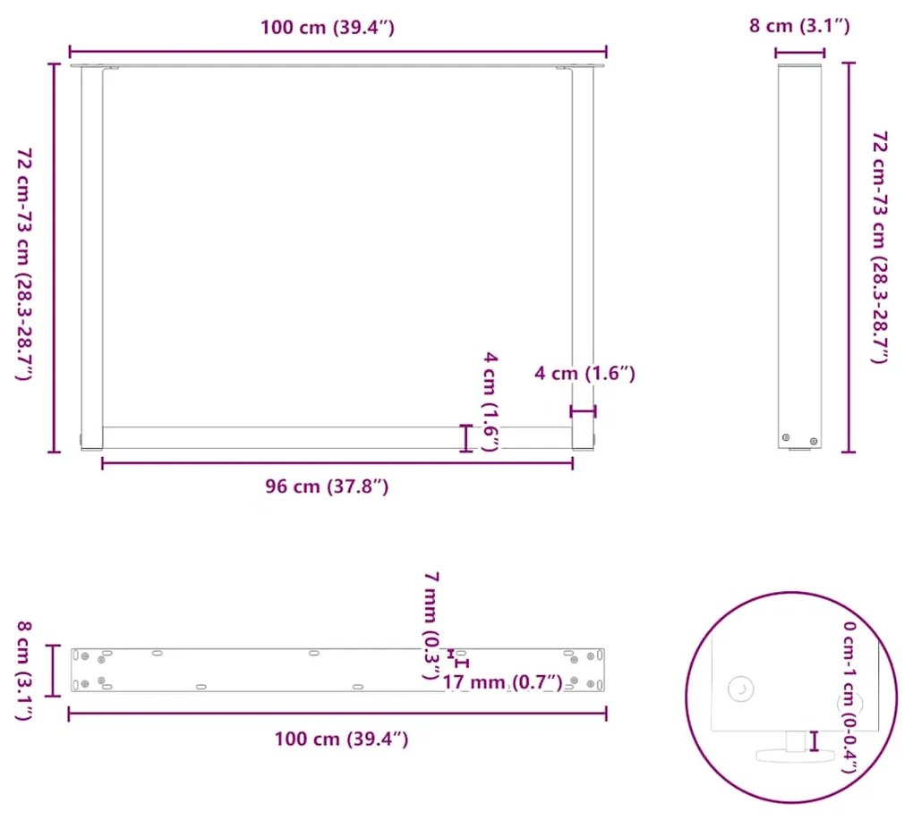 Pés de mesa de jantar em forma de U, 2 peças, branco, 100x (72-73) cm,