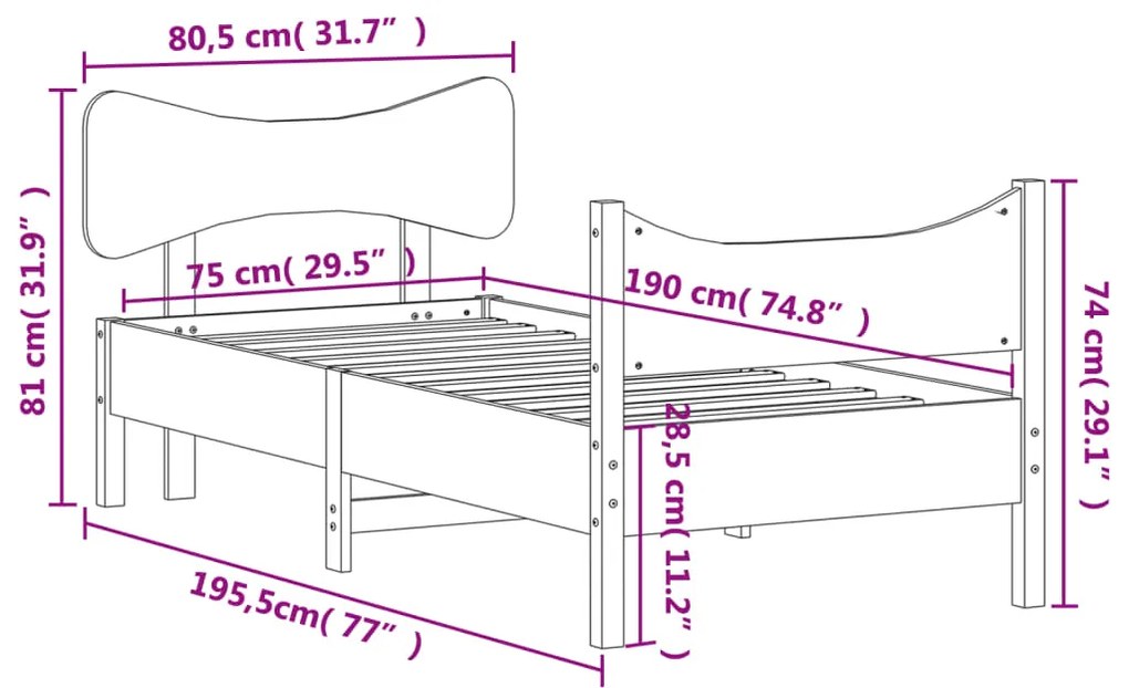 Cama sem colchão 75x190 cm madeira de pinho maciça branco